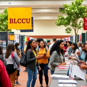 Students interacting with college representatives at an HBCU college fair.