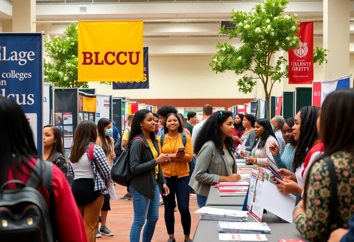 Students interacting with college representatives at an HBCU college fair.