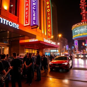 Downtown hotel entrance with concert crowd and arena lights at night
