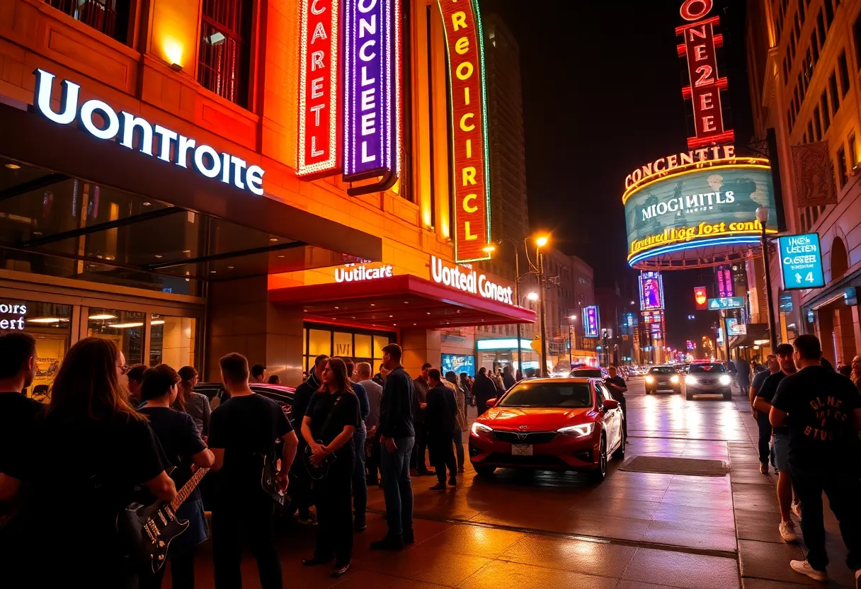 Downtown hotel entrance with concert crowd and arena lights at night
