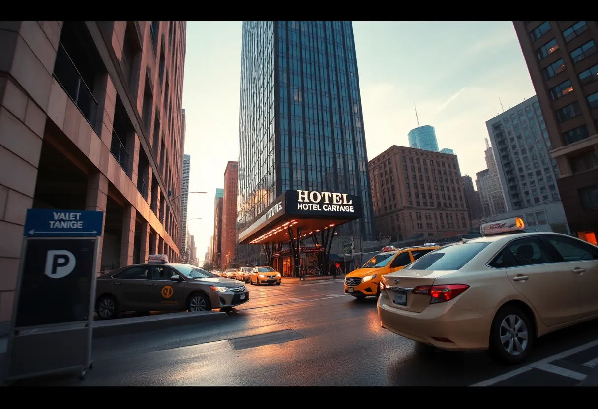 Hilton Nashville Downtown entrance and valet area with downtown skyline in the background