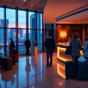 Hotel lobby with concierge and Nashville skyline visible through windows