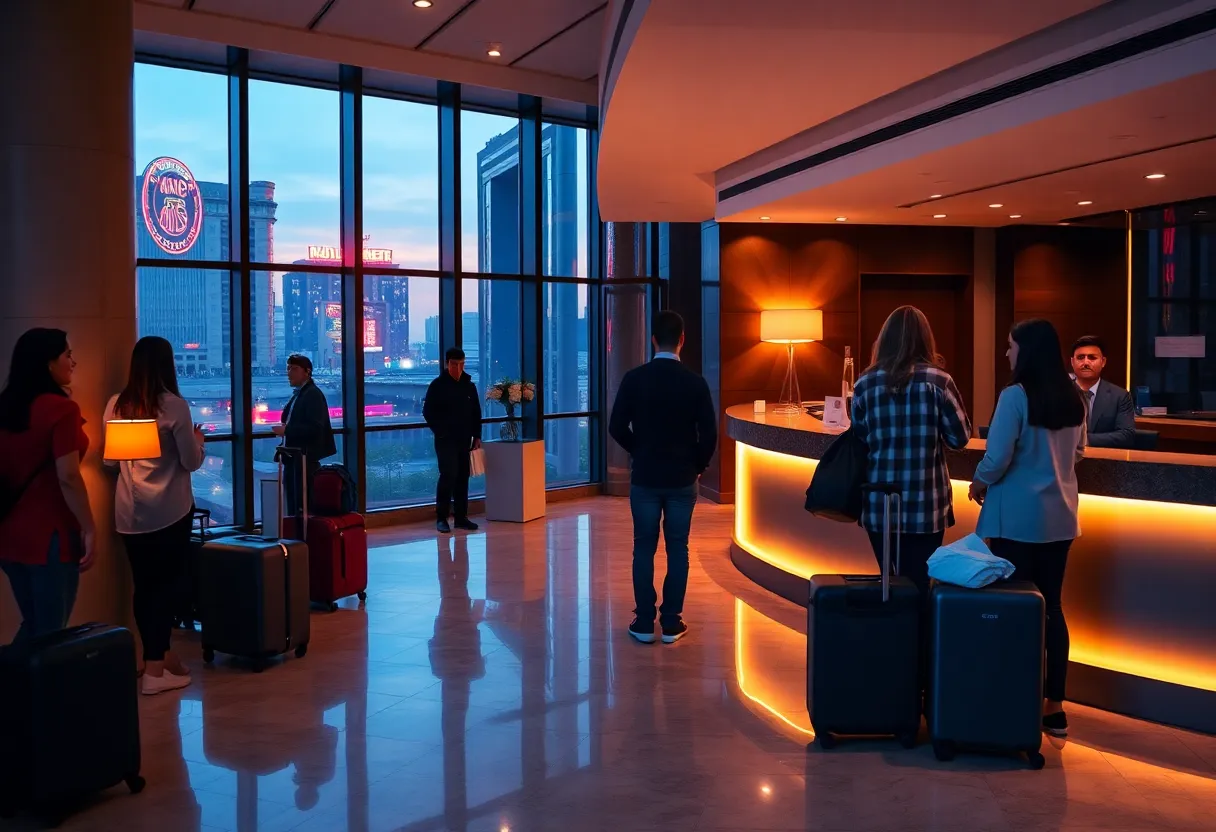 Hotel lobby with concierge and Nashville skyline visible through windows