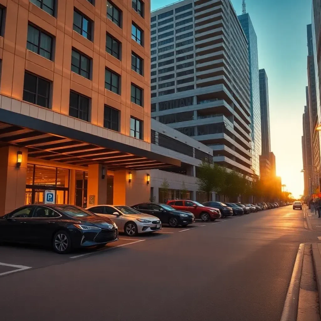 Valet area and nearby parking garage outside a downtown Nashville hotel with EV chargers and on-street meters