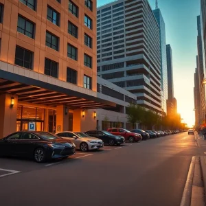 Valet area and nearby parking garage outside a downtown Nashville hotel with EV chargers and on-street meters