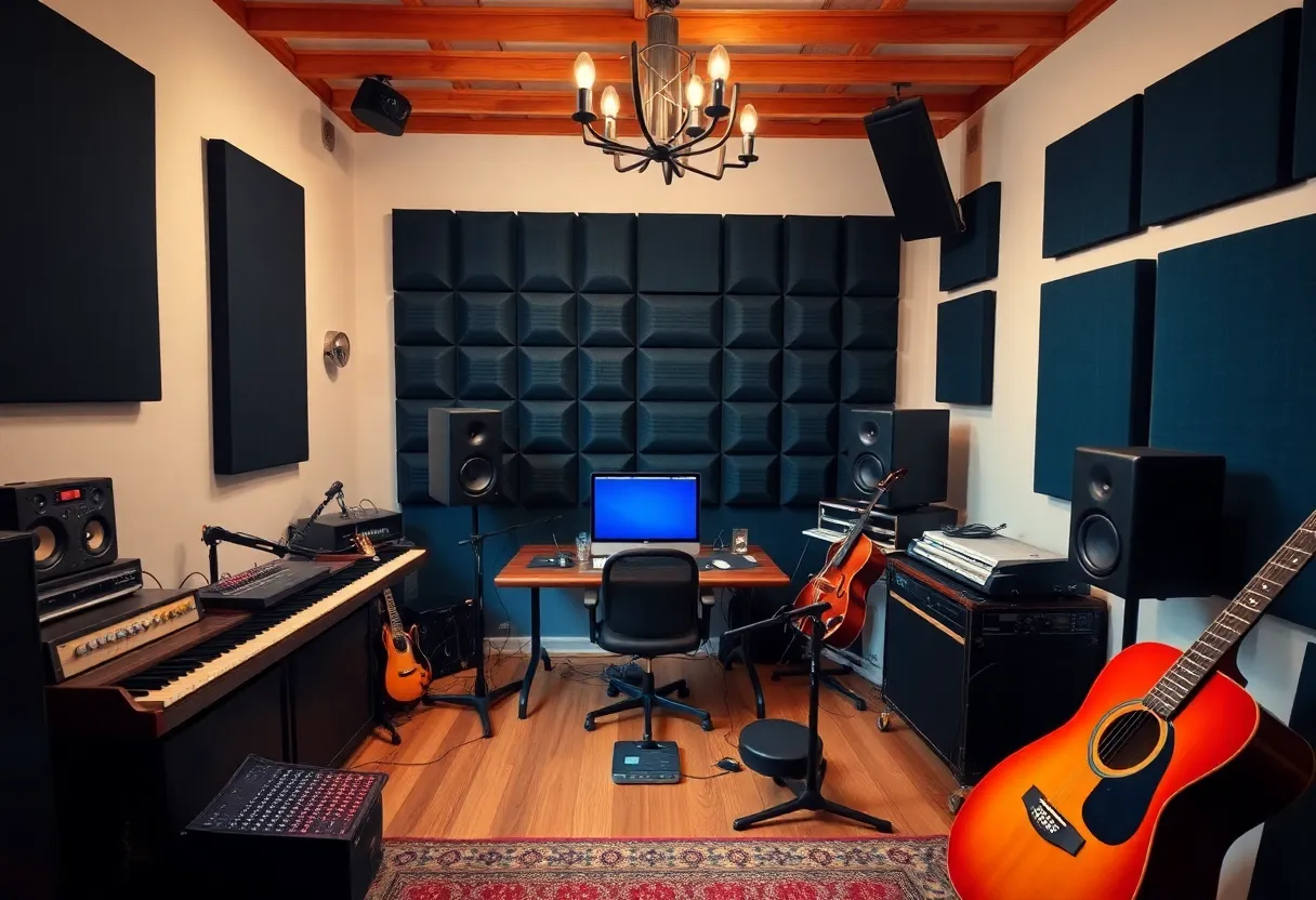 A cozy home recording studio with musical equipment.