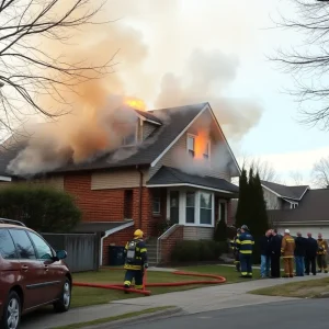 Firefighters responding to a house fire in Hermitage with heavy smoke in the background.