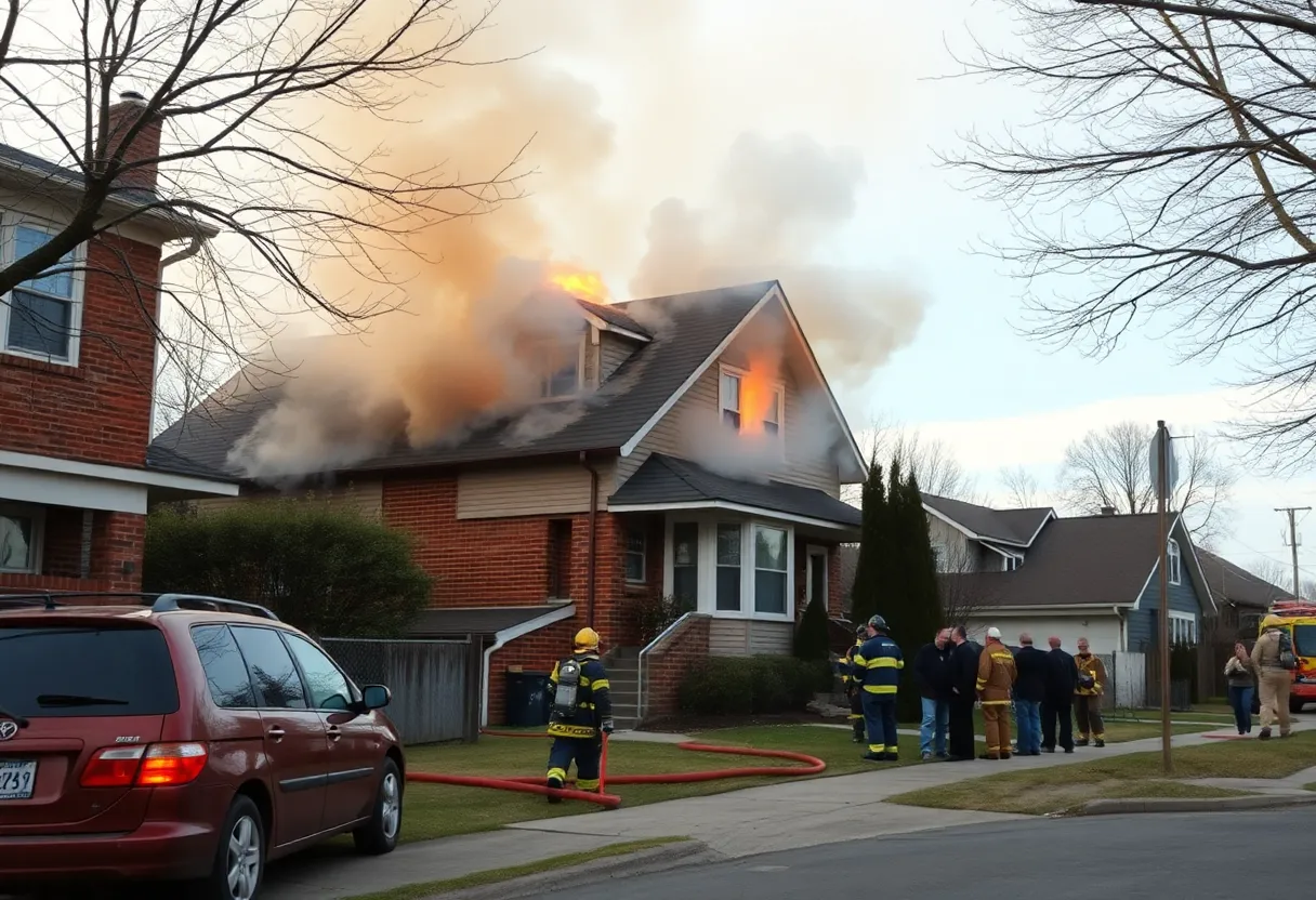Firefighters responding to a house fire in Hermitage with heavy smoke in the background.