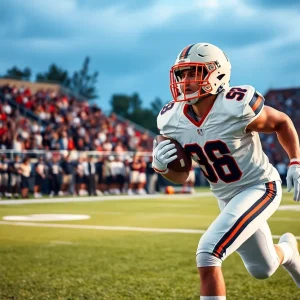 A football player executing a play on the field with fans cheering.