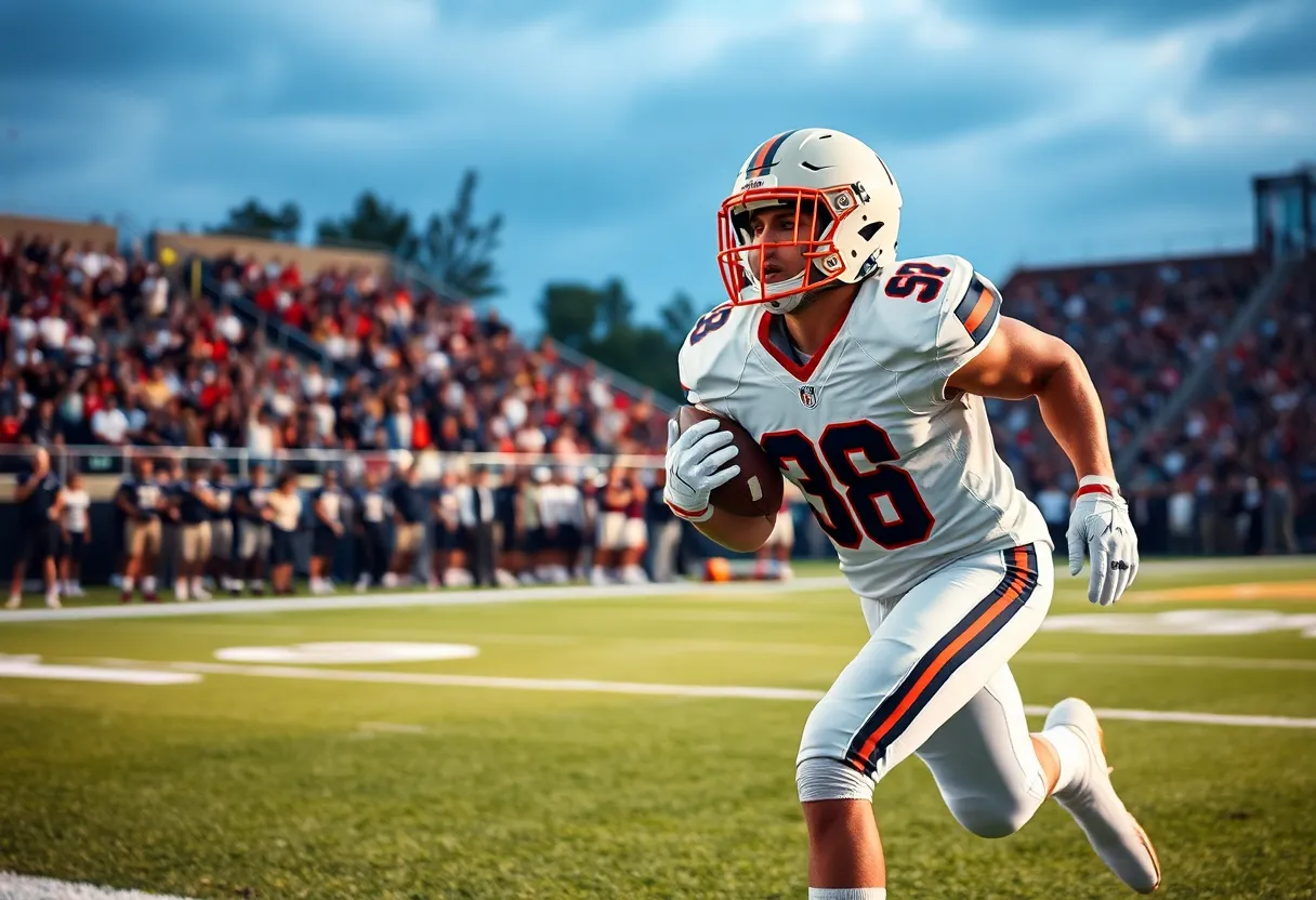 A football player executing a play on the field with fans cheering.