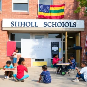 Outdoor dedication ceremony at Judge Richard H. Dinkins Middle School.