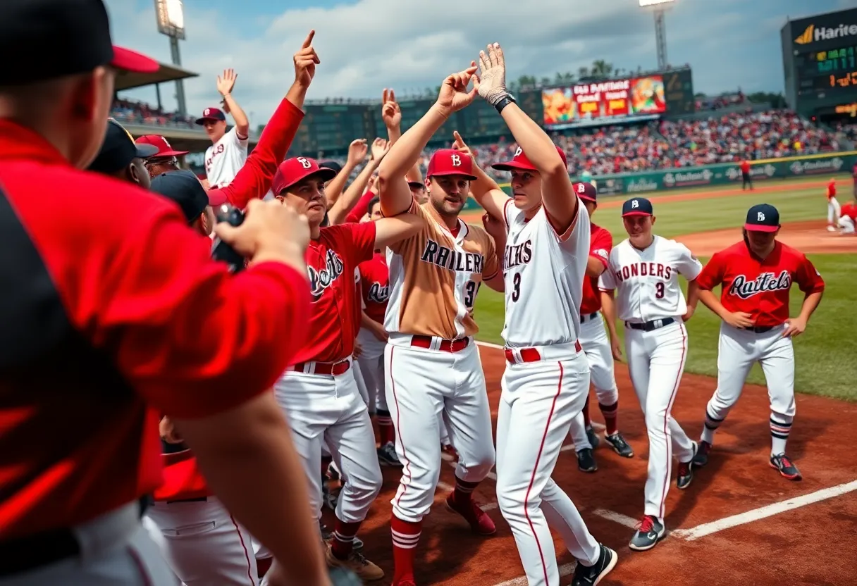 Jumbo Shrimp team celebrating their historic victory over Nashville Sounds