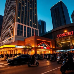 Exterior of JW Marriott in downtown Nashville at night with concert crowds and valet area