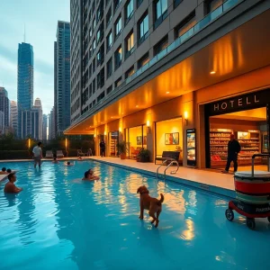 Hotel exterior and outdoor pool with families, pet and convenience store visible at sunset