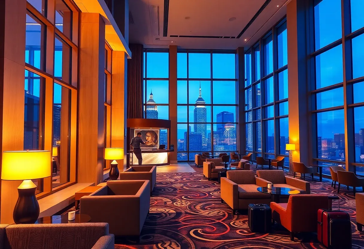 Luxurious hotel lobby and executive lounge with Nashville skyline visible through large windows