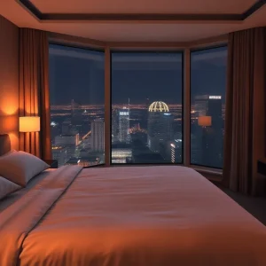 High-floor corner hotel room at night with skyline view and soft lighting