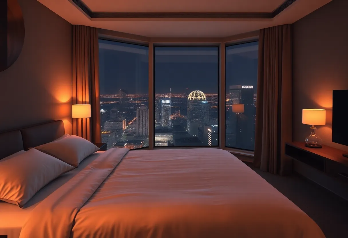 High-floor corner hotel room at night with skyline view and soft lighting
