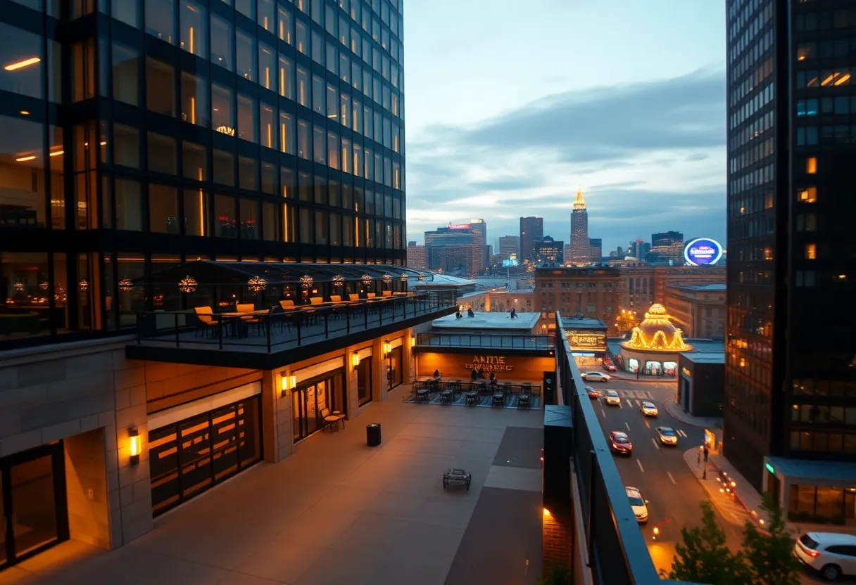 Exterior and rooftop bar of a luxury downtown Nashville hotel with city skyline at dusk