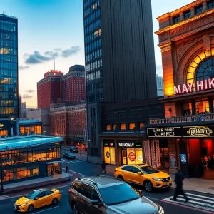 Split scene of two Nashville hotels at dusk with rooftop bars, neon Broadway signs and pedestrians