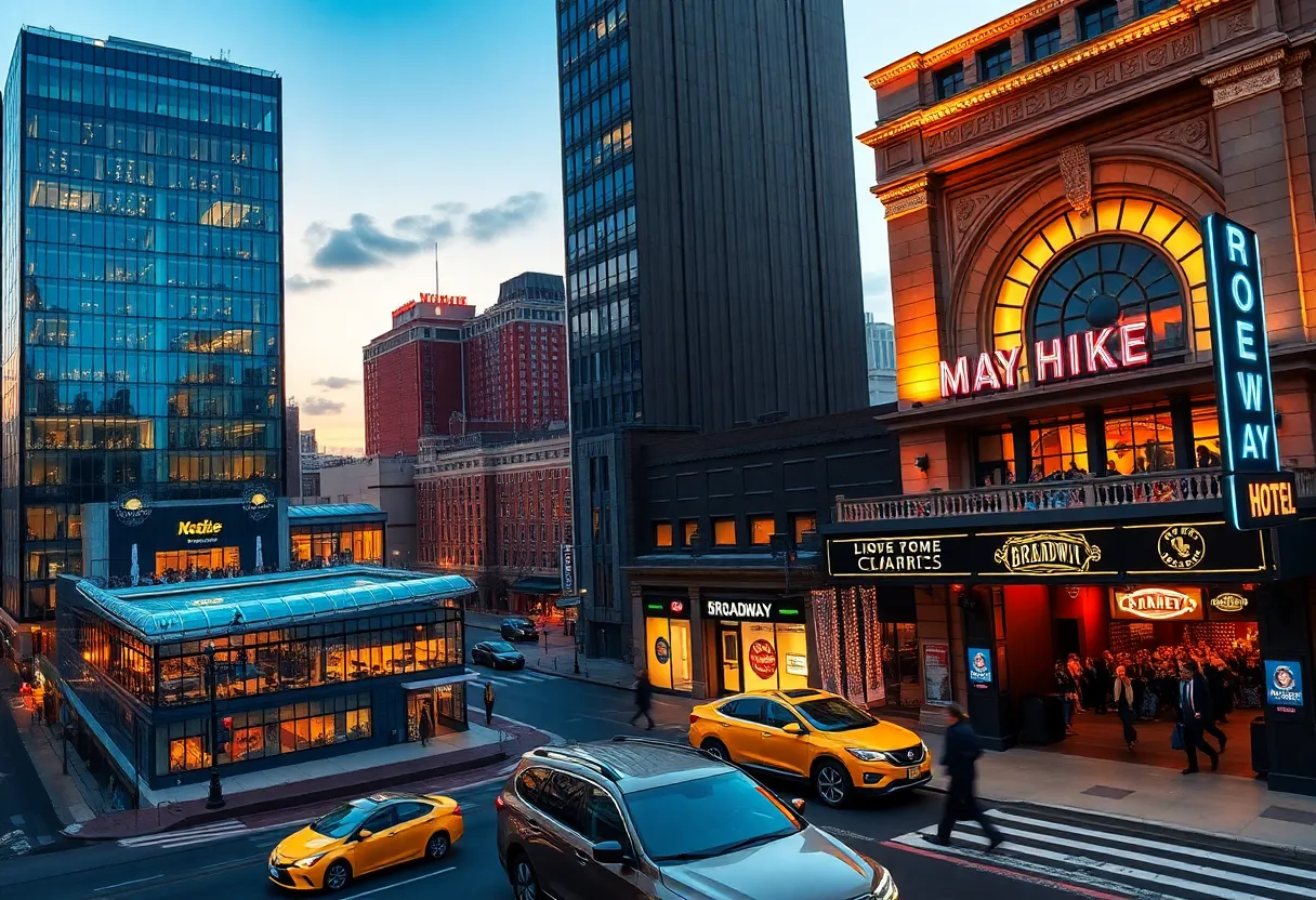Split scene of two Nashville hotels at dusk with rooftop bars, neon Broadway signs and pedestrians