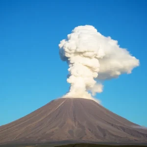 Krasheninnikov volcano erupting with a large ash cloud