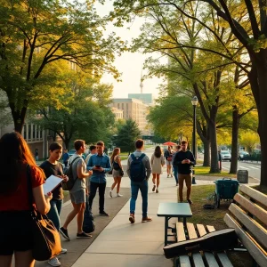 Group of students on a university campus reviewing budgets and scholarship flyers near a bulletin board with the Nashville skyline in the background