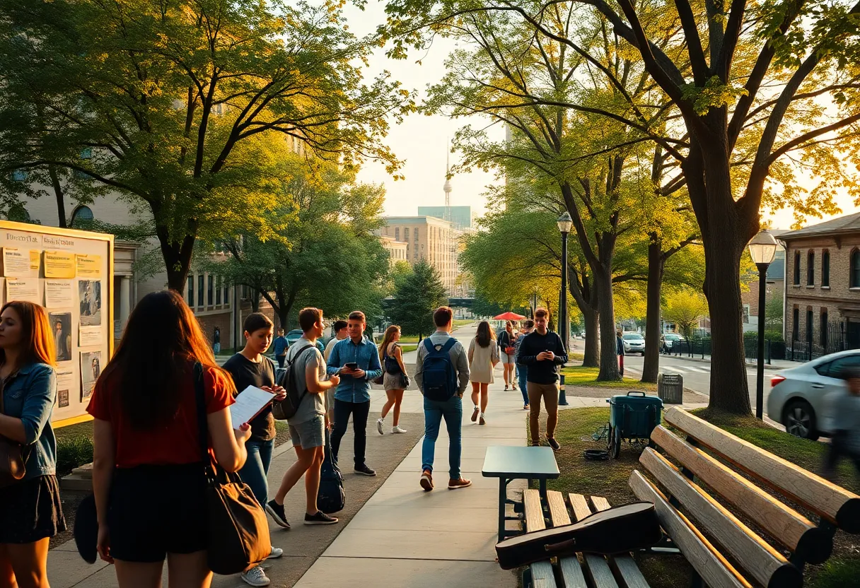 Group of students on a university campus reviewing budgets and scholarship flyers near a bulletin board with the Nashville skyline in the background