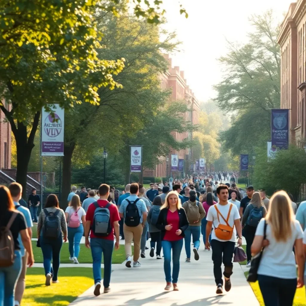 Prospective students and advisors walking on a tree-lined university campus during a tour
