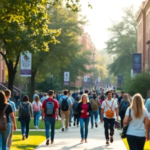 Prospective students and advisors walking on a tree-lined university campus during a tour