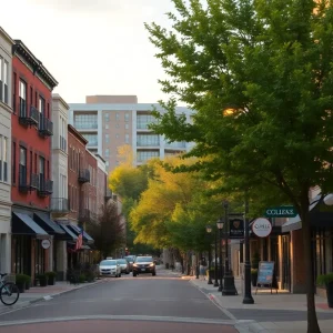 Tree-lined Nashville street with low-rise apartments, cafes, and students near Lipscomb University