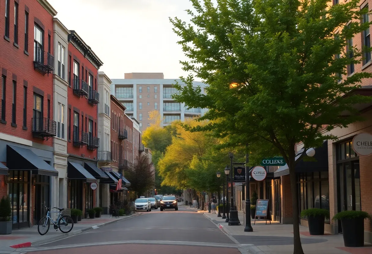 Tree-lined Nashville street with low-rise apartments, cafes, and students near Lipscomb University