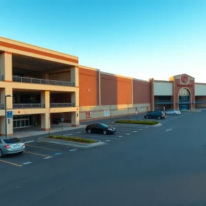 Exterior view of The Mall at Green Hills with parking garage and quieter entrances in morning light