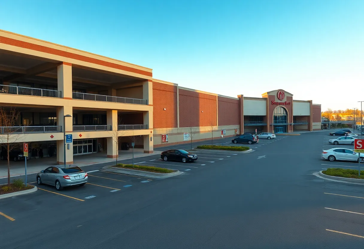 Exterior view of The Mall at Green Hills with parking garage and quieter entrances in morning light