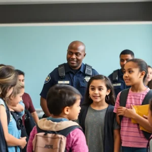 School resource officers interacting with students in a school environment