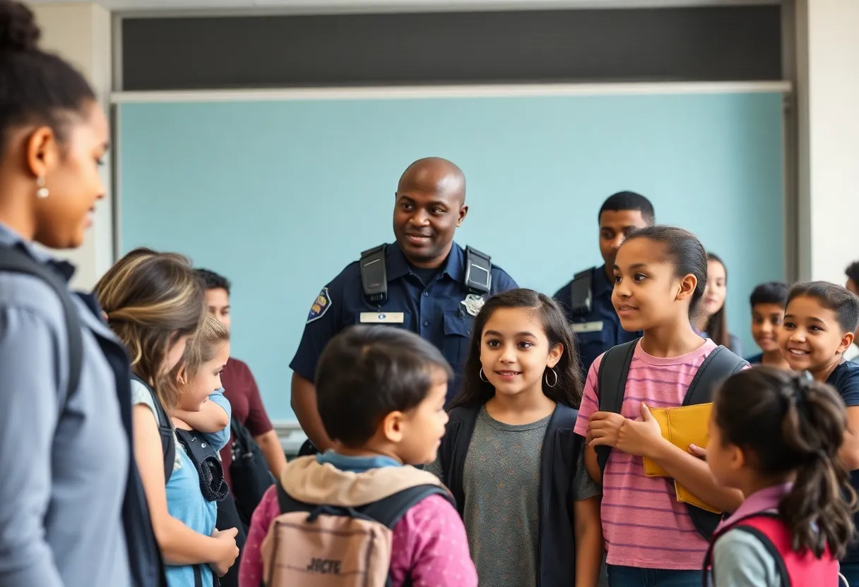 School resource officers interacting with students in a school environment