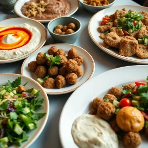 A variety of Middle Eastern breakfast dishes served on a table.
