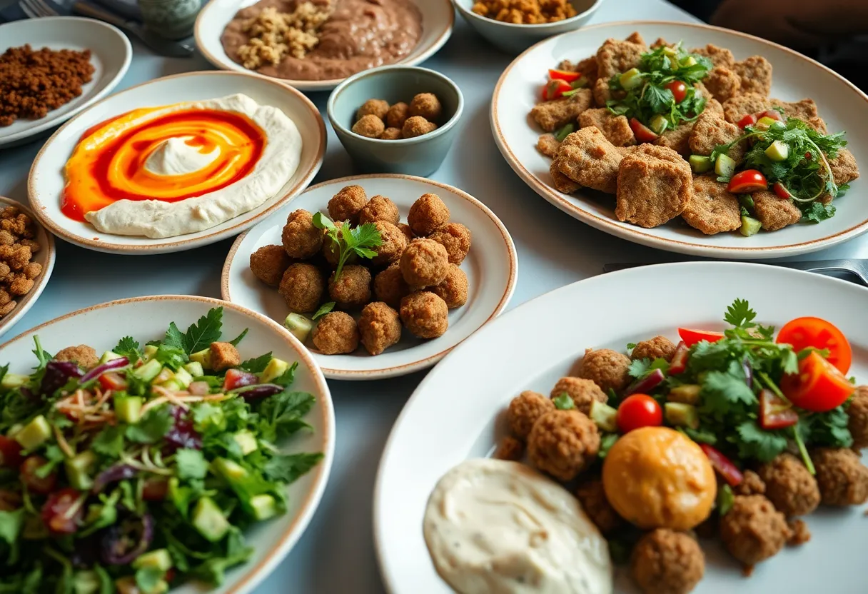 A variety of Middle Eastern breakfast dishes served on a table.