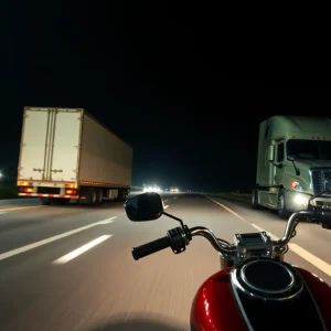 Nighttime motorcycle accident scene on a highway