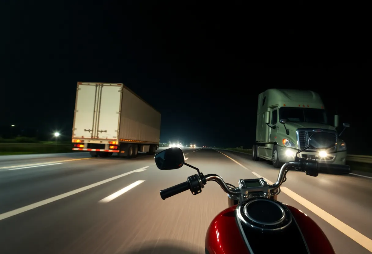 Nighttime motorcycle accident scene on a highway
