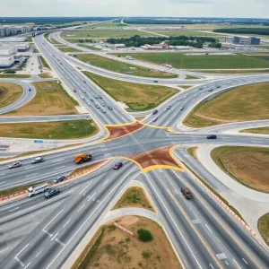Aerial view of construction at Nashville International Airport for a diverging diamond interchange