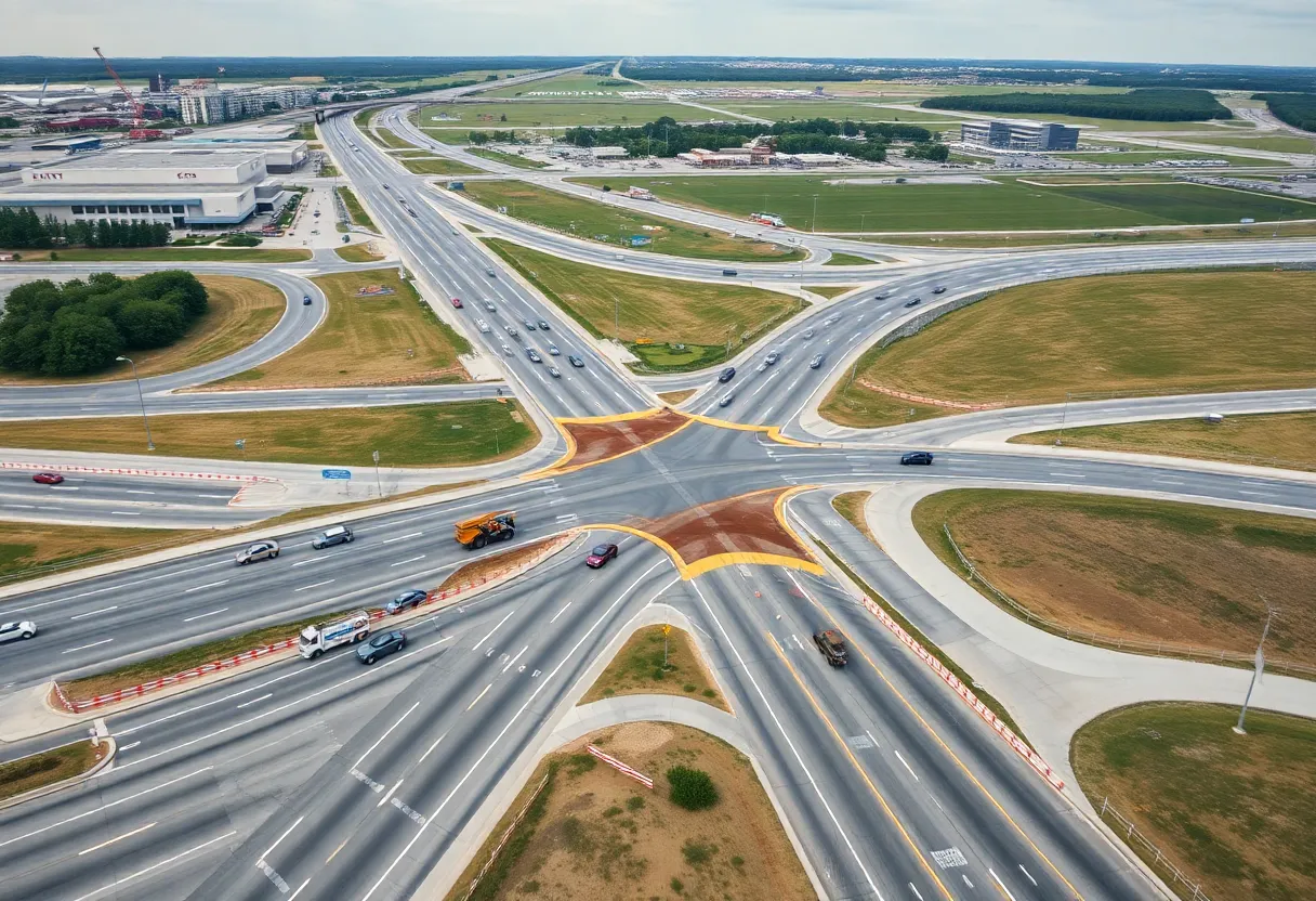 Aerial view of construction at Nashville International Airport for a diverging diamond interchange