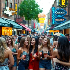 Group of women celebrating a bachelorette party in Nashville with local dining and live music.