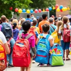Families at the Nashville Back to School Bash receiving school supplies.