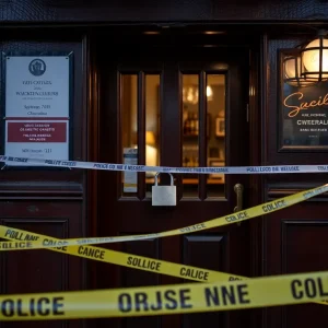 Closed bar with police presence highlighting public nuisance issues.