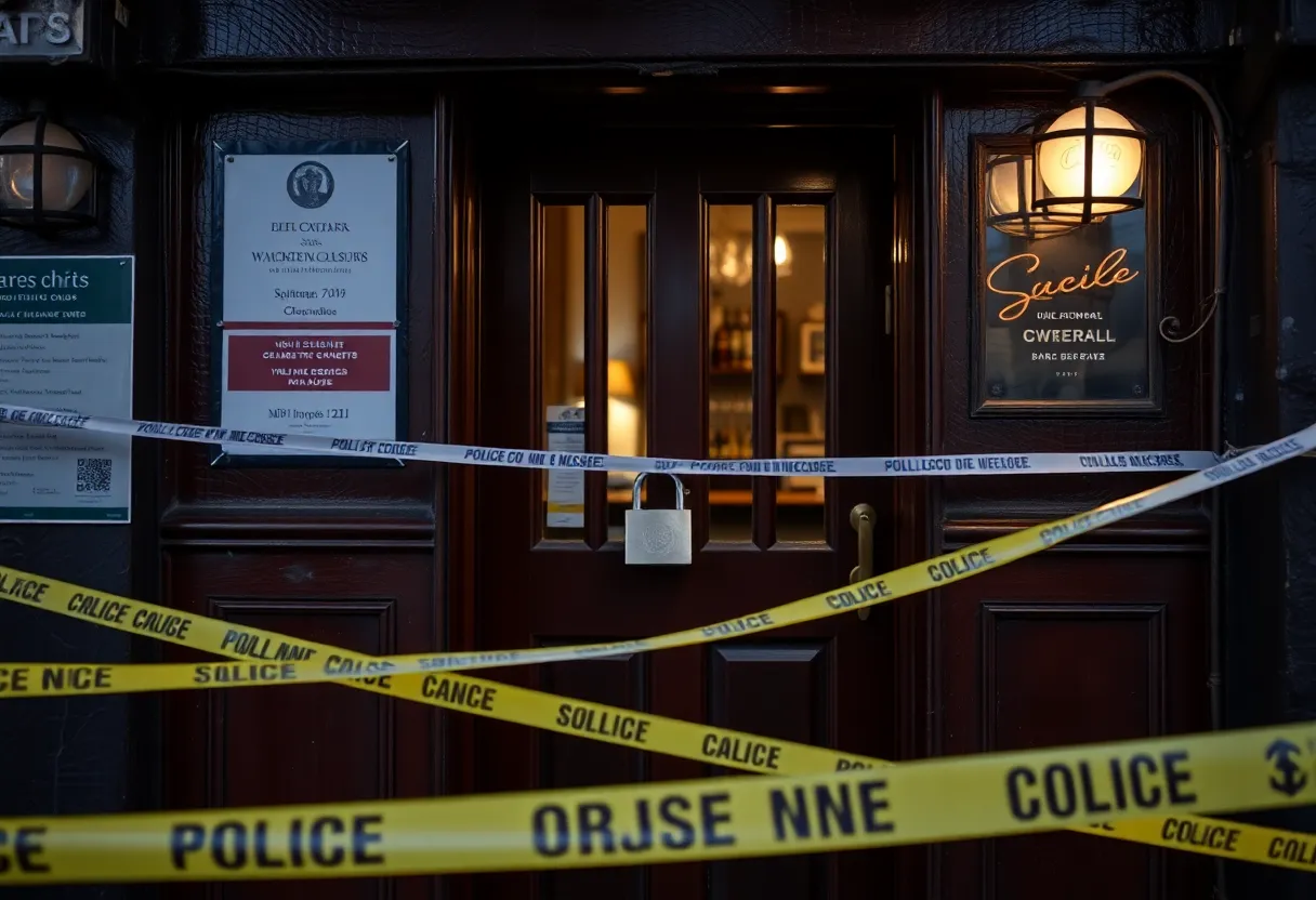 Closed bar with police presence highlighting public nuisance issues.