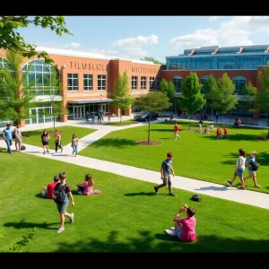 Outdoor view of Nashville Christian School with students engaged in activities