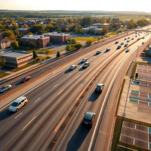 Westbound I-24 traffic toward Clarksville with APSU campus area, nearby apartments, and a color-coded university parking lot visible in late afternoon light.