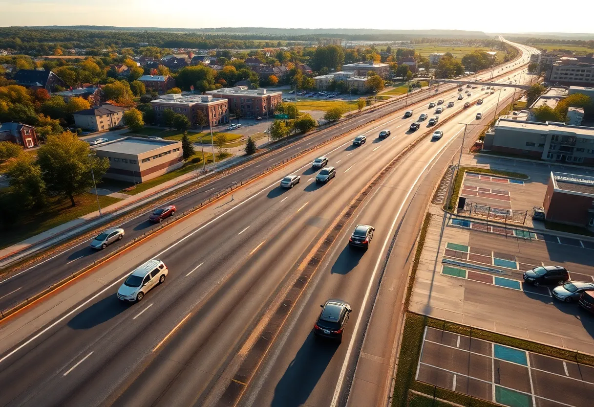 Westbound I-24 traffic toward Clarksville with APSU campus area, nearby apartments, and a color-coded university parking lot visible in late afternoon light.