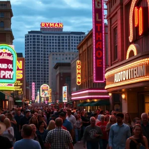 A lively street in Nashville showcasing the vibrant country music scene with iconic venues.