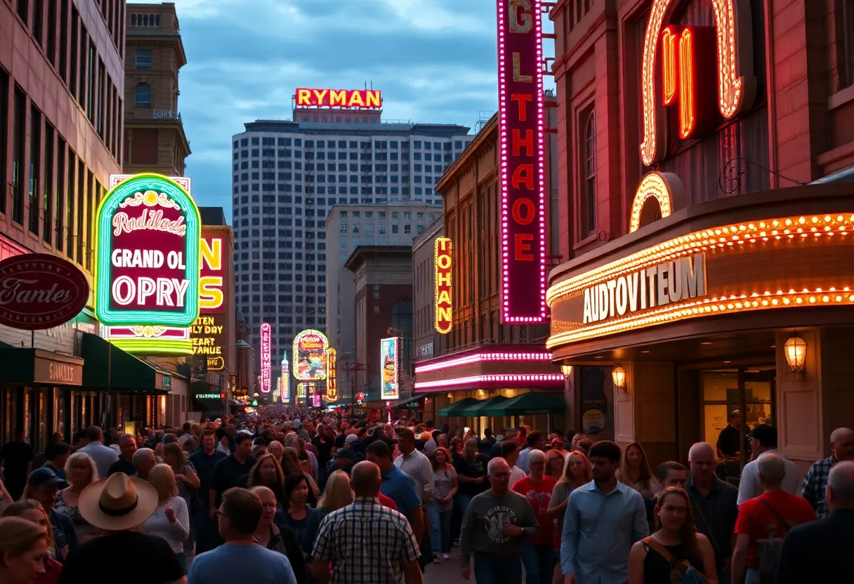 A lively street in Nashville showcasing the vibrant country music scene with iconic venues.